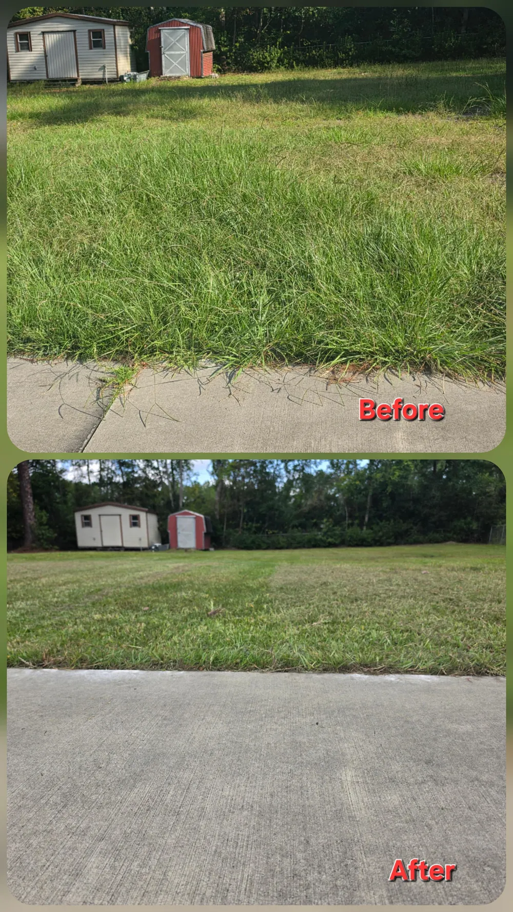 Before and after photo of a grassy lot beside a concrete slab with two small sheds in the background: tall grass above, mowed lawn below.