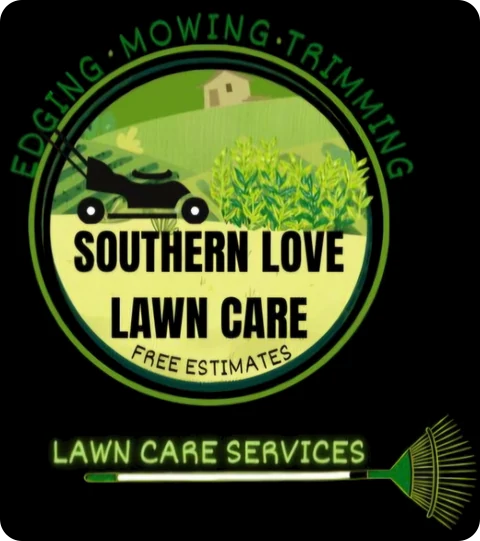 Southern Love Lawn Care logo: lawn mower, house and rake