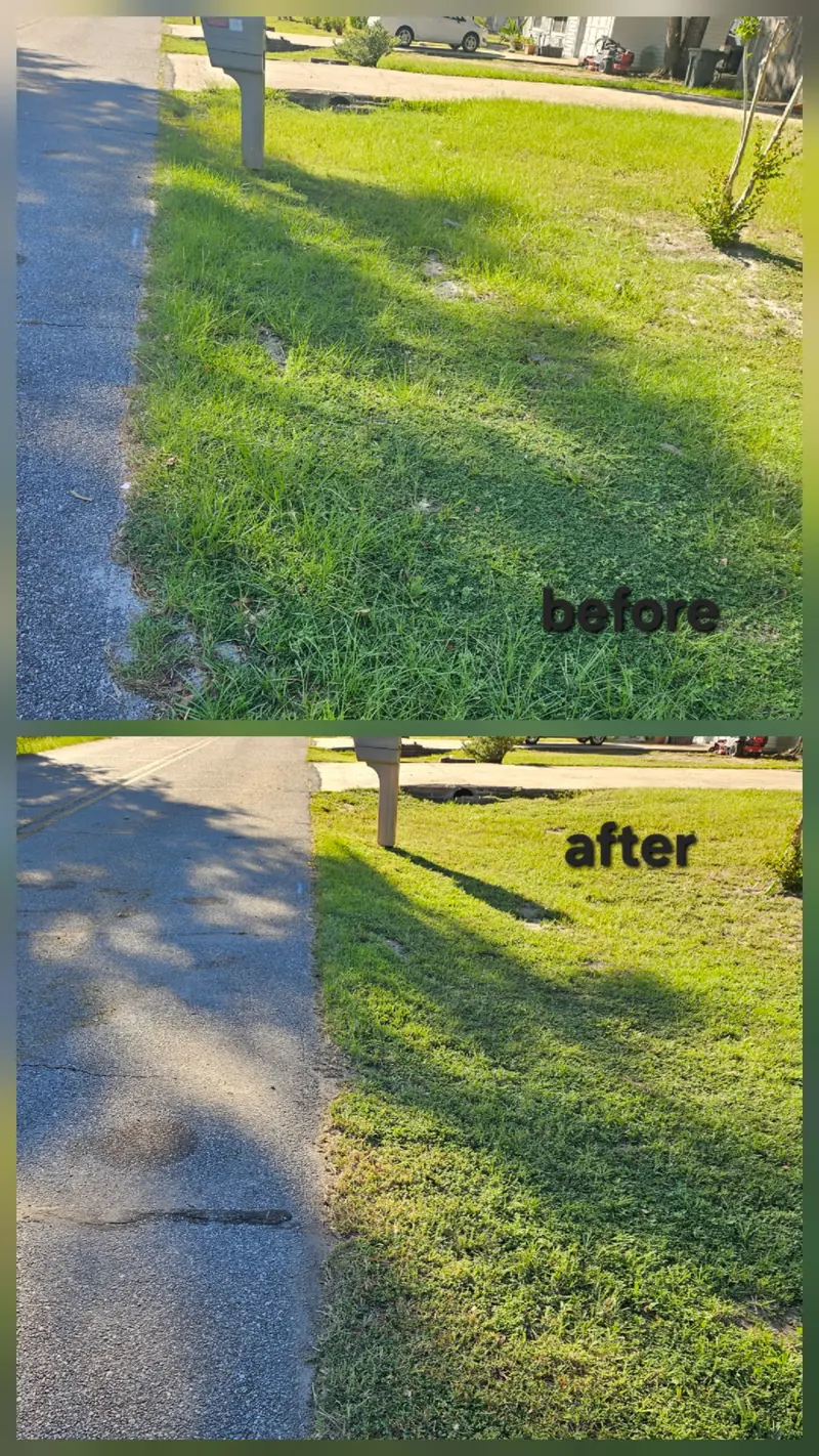 Before and after photo of a lawn along an asphalt road beside a mailbox post: long grass above, mowed short below.